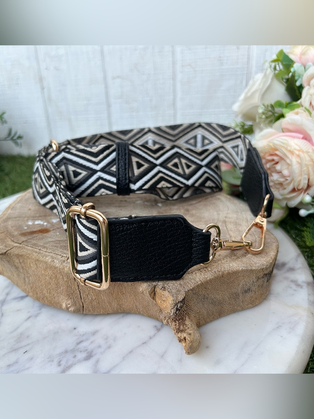 Black & White Geometric Shoulder Strap with Gold Hardware